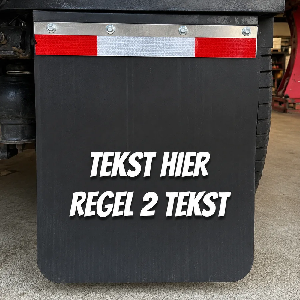 Zwarte spatlap met witte tekst onder een vrachtwagen